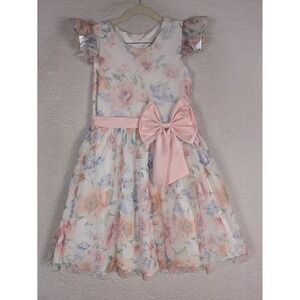 Rare Edition Dress Girl's 10 White Floral Flutter Sleeve Oversized Bow Tulle